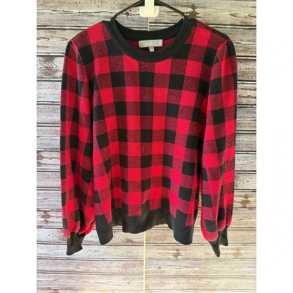 Marled Reunited Clothing Women's Red Buffalo Plaid Balloon Sleeve Sweater Size L